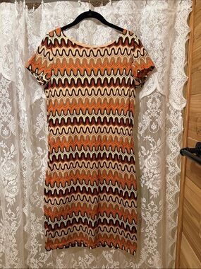 Tacera Wavy Stripe Short Sleeve Midi Dress - Orange, Brown, Cream, Black